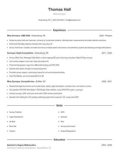 Mine Surveyor Resume
