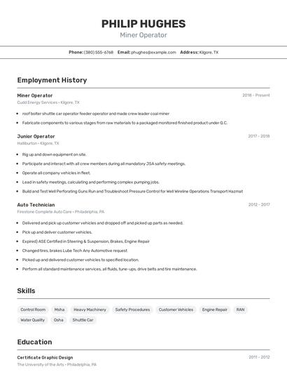 Miner Operator Resume