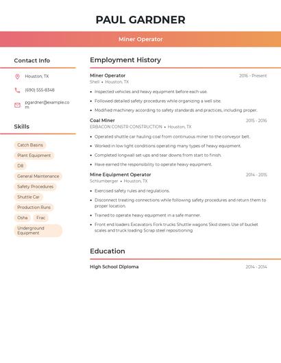 Miner Operator Resume