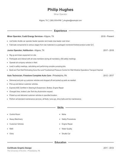 Miner Operator Resume