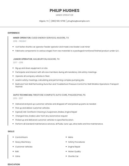 Miner Operator Resume