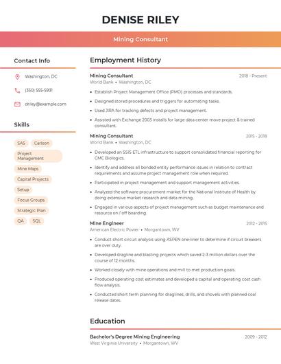 Mining Consultant Resume