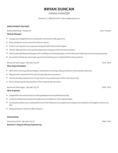 Mining Manager Resume