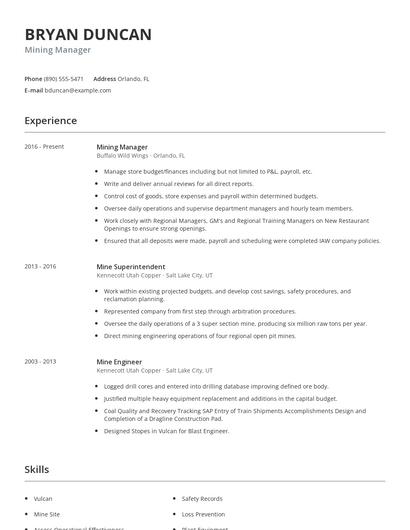 Mining Manager Resume