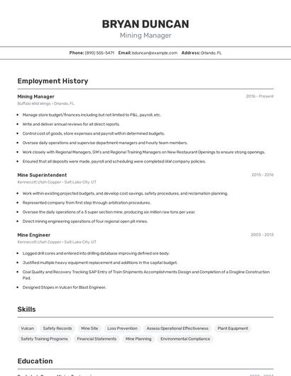 Mining Manager Resume