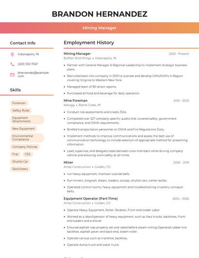 Mining Manager Resume