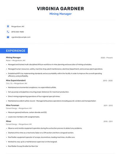 Mining Manager Resume
