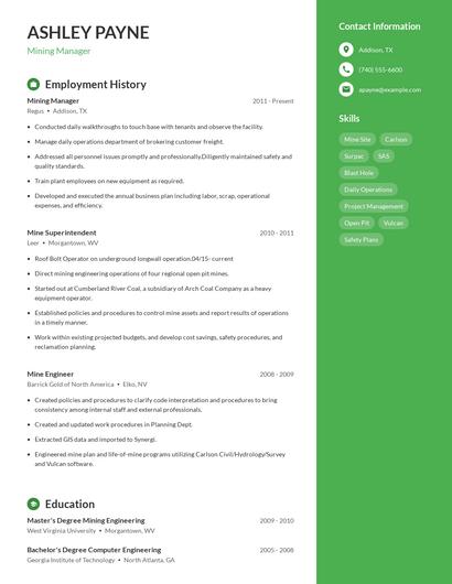 Mining Manager Resume