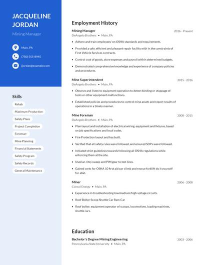 Mining Manager Resume
