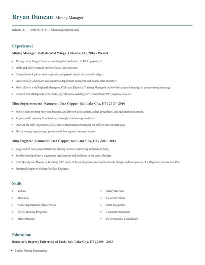 Mining Manager Resume