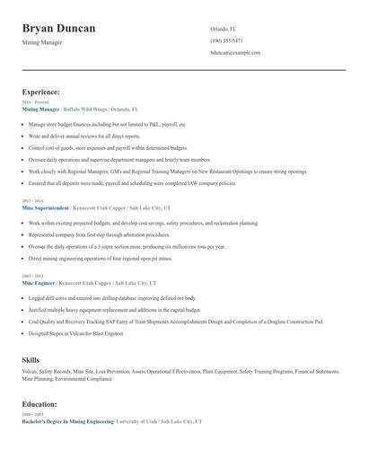 Mining Manager Resume