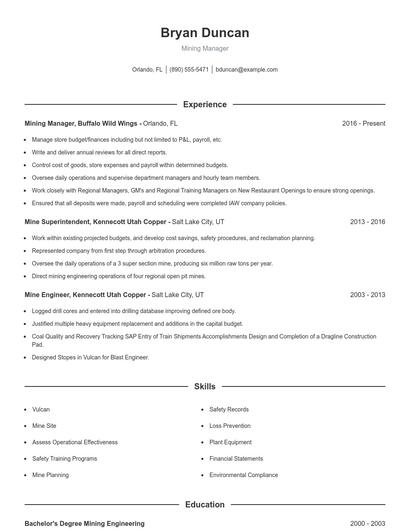 Mining Manager Resume