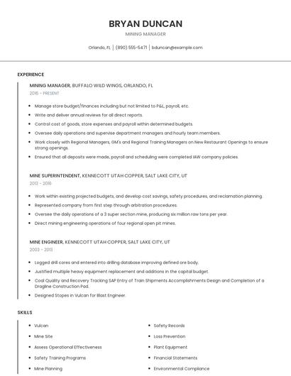 Mining Manager Resume