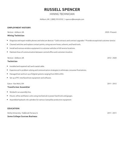 Mining Technician Resume