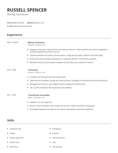 Mining Technician Resume