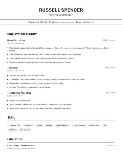 Mining Technician Resume