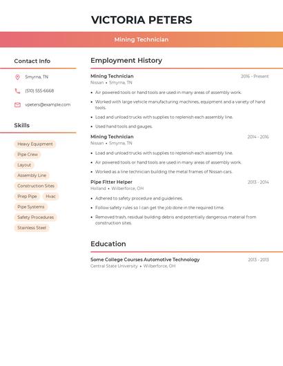 Mining Technician Resume