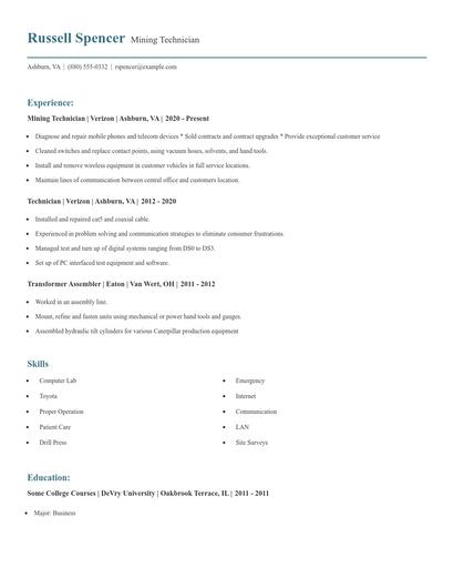 Mining Technician Resume
