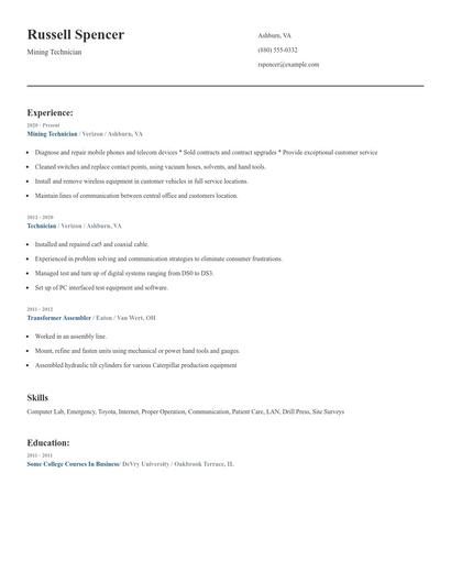 Mining Technician Resume