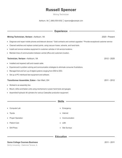 Mining Technician Resume