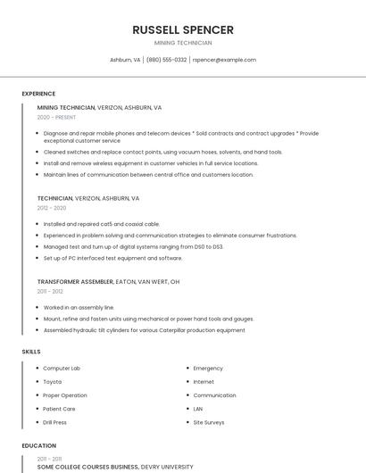 Mining Technician Resume