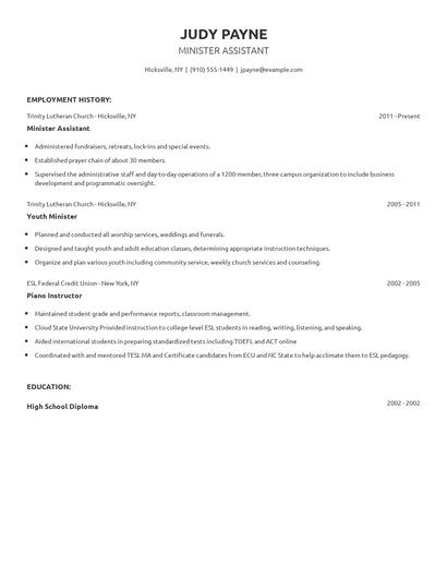 Minister Assistant Resume
