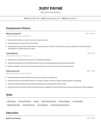 Minister Assistant Resume