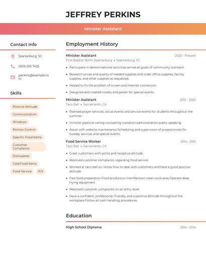 Minister Assistant Resume