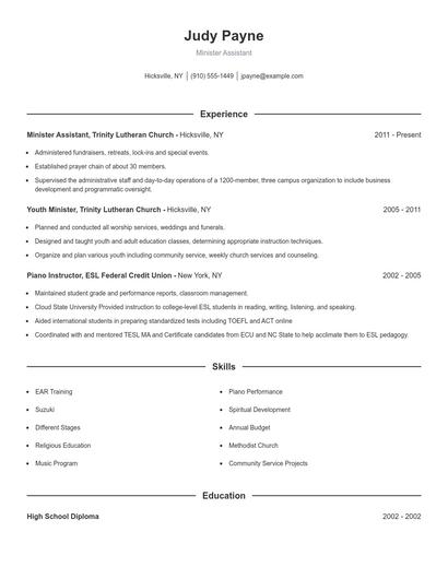 Minister Assistant Resume