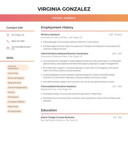 Ministry Assistant Resume
