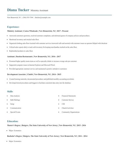 Ministry Assistant Resume