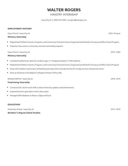 Ministry Internship Resume