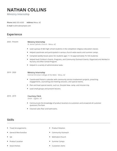 Ministry Internship Resume