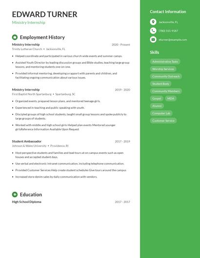 Ministry Internship Resume