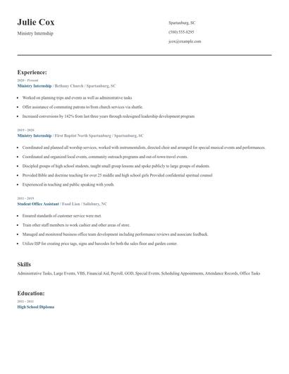Ministry Internship Resume