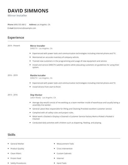 Mirror Installer Resume