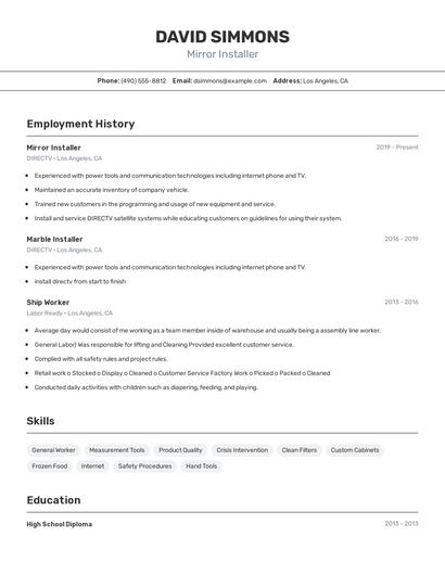 Mirror Installer Resume