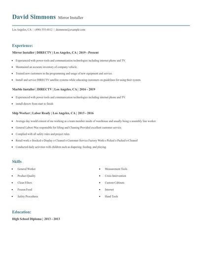 Mirror Installer Resume