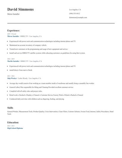 Mirror Installer Resume