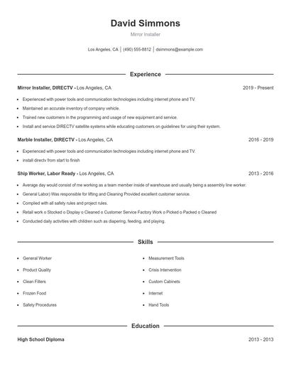 Mirror Installer Resume