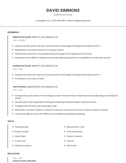 Mirror Installer Resume