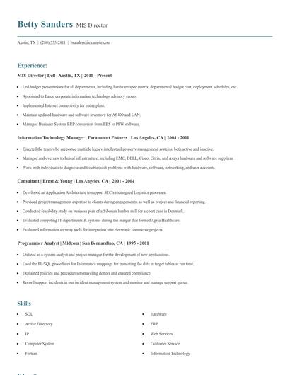 MIS Director Resume