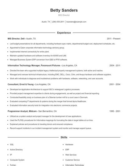 MIS Director Resume