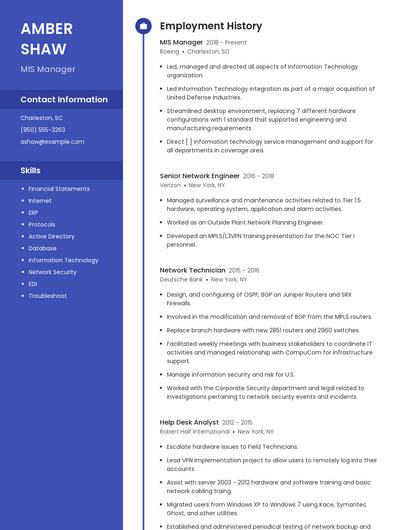 MIS Manager Resume