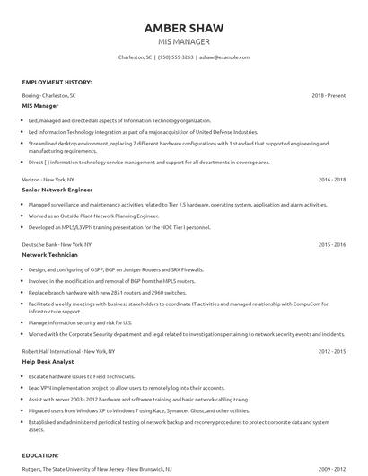 MIS Manager Resume