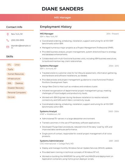 MIS Manager Resume