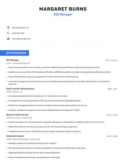 MIS Manager Resume