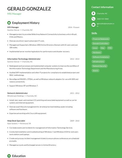 MIS Manager Resume
