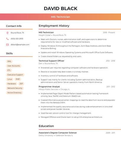 MIS Technician Resume