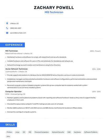 MIS Technician Resume